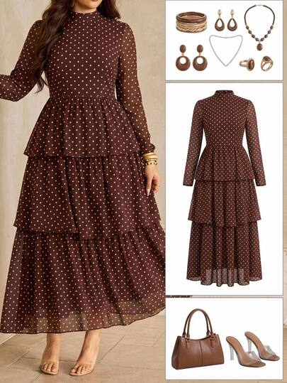 Chikora Plus Size Autumn/Winter Slimming Waist-Cinching Ruffle Hem Polka Dot Dress Fall