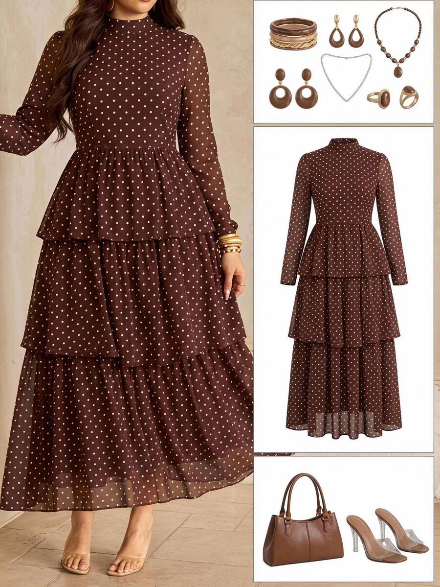 Chikora Plus Size Autumn/Winter Slimming Waist-Cinching Ruffle Hem Polka Dot Dress Fall - Brown - View 1