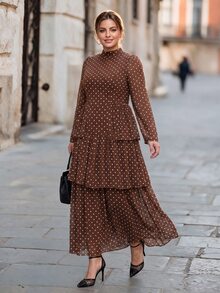 Chikora Plus Size Autumn/Winter Slimming Waist-Cinching Ruffle Hem Polka Dot Dress Fall - Brown - View 3