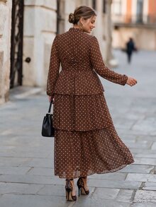 Chikora Plus Size Autumn/Winter Slimming Waist-Cinching Ruffle Hem Polka Dot Dress Fall - Brown - View 2