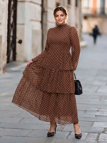 Chikora Plus Size Autumn/Winter Slimming Waist-Cinching Ruffle Hem Polka Dot Dress Fall - Brown - View 7
