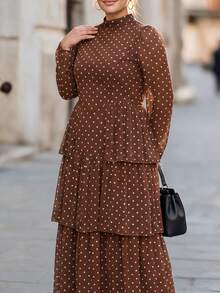 Chikora Plus Size Autumn/Winter Slimming Waist-Cinching Ruffle Hem Polka Dot Dress Fall - Brown - View 5