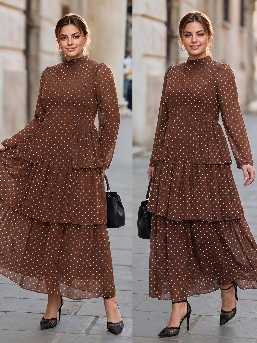 Chikora Plus Size Autumn/Winter Slimming Waist-Cinching Ruffle Hem Polka Dot Dress Fall - Brown - View 1
