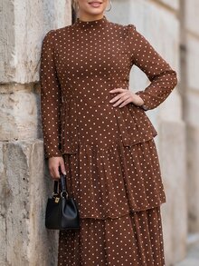 Chikora Plus Size Autumn/Winter Slimming Waist-Cinching Ruffle Hem Polka Dot Dress Fall - Brown - View 6
