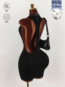 Amplova Cut Out Front Racerback Bodycon Mini Dress Halloween Night Out Club Black Summer Gothic Sexy - Black - View 11