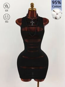 Amplova Cut Out Front Racerback Bodycon Mini Dress Halloween Night Out Club Black Summer Gothic Sexy - Black - View 3