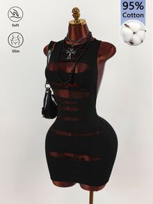 Amplova Cut Out Front Racerback Bodycon Mini Dress Halloween Night Out Club Black Summer Gothic Sexy - Black - View 4