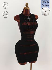 Amplova Cut Out Front Racerback Bodycon Mini Dress Halloween Night Out Club Black Summer Gothic Sexy - Black - View 6