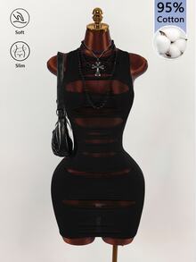 Amplova Cut Out Front Racerback Bodycon Mini Dress Halloween Night Out Club Black Summer Gothic Sexy - Black - View 1