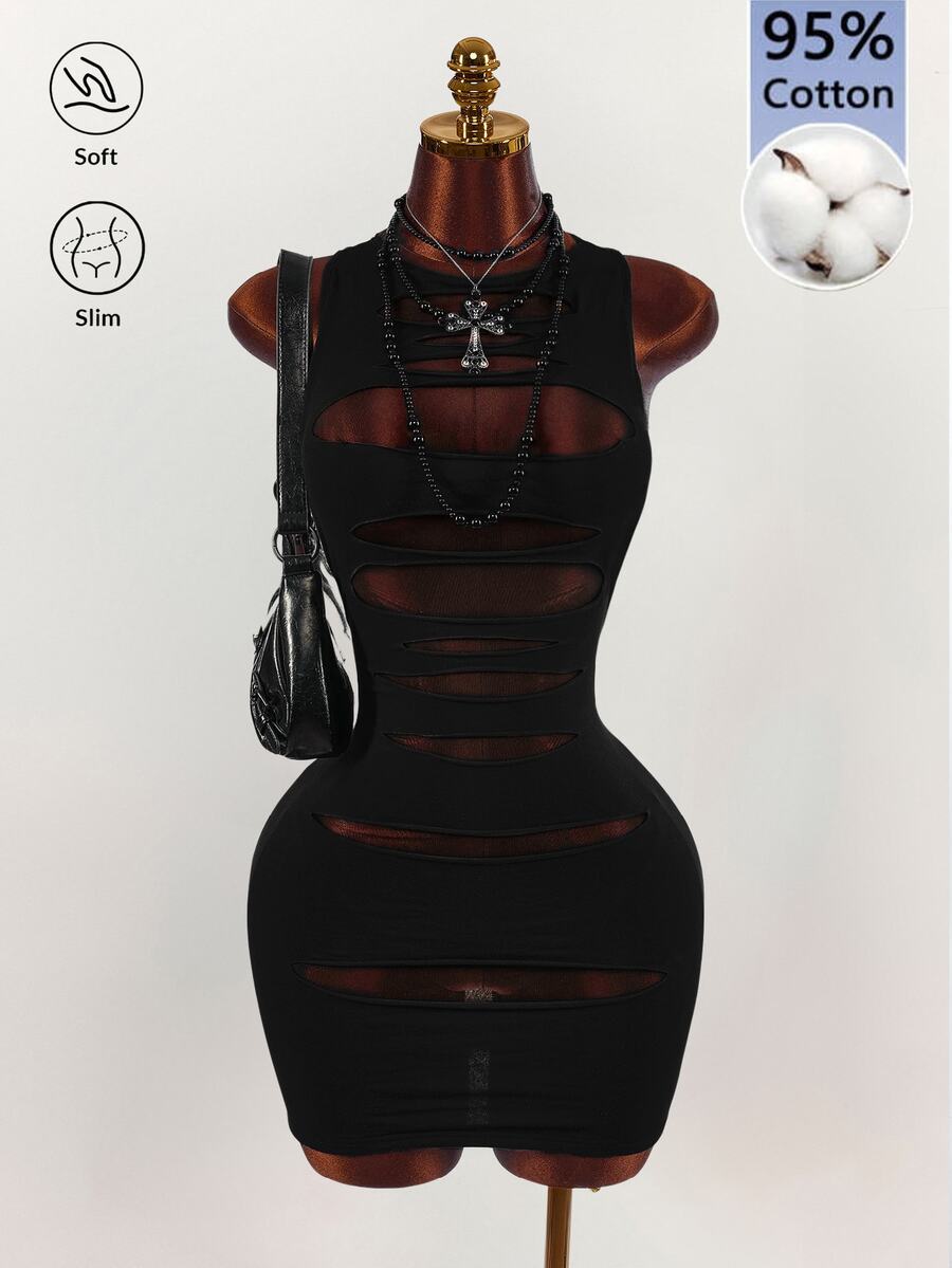 Amplova Cut Out Front Racerback Bodycon Mini Dress Halloween Night Out Club Black Summer Gothic Sexy - Black - View 1