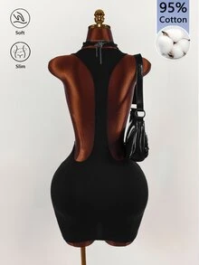 Amplova Cut Out Front Racerback Bodycon Mini Dress Halloween Night Out Club Black Summer Gothic Sexy - Black - View 2