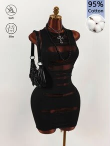 Amplova Cut Out Front Racerback Bodycon Mini Dress Halloween Night Out Club Black Summer Gothic Sexy - Black - View 5