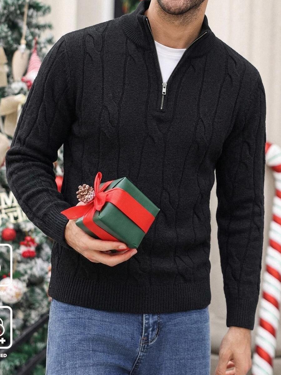 Manfinity CasualKnits Men's Autumn/Winter Long Sleeve Pullover Sweater With Turn-Down Collar, Half-Open Chest Button Rope Design, Fitted Knit Quarter-Zip Pullover - Black - View 1