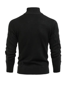 Manfinity CasualKnits Men's Autumn/Winter Long Sleeve Pullover Sweater With Turn-Down Collar, Half-Open Chest Button Rope Design, Fitted Knit Quarter-Zip Pullover - Black - View 8