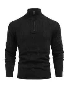 Manfinity CasualKnits Men's Autumn/Winter Long Sleeve Pullover Sweater With Turn-Down Collar, Half-Open Chest Button Rope Design, Fitted Knit Quarter-Zip Pullover - Black - View 2