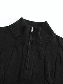 Manfinity CasualKnits Men's Autumn/Winter Long Sleeve Pullover Sweater With Turn-Down Collar, Half-Open Chest Button Rope Design, Fitted Knit Quarter-Zip Pullover - Black - View 3