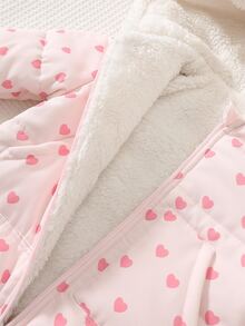 Cozy Pixies 女嬰冬季粉色愛心圖案保暖內裡加厚連帽連身棉襖外套，舒適百搭 - 粉色 - 查看 7