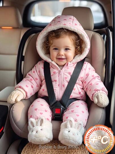Cozy Pixies معطف شتوي مبطن حراري سميك بقلنسوة قطعة واحدة بنمط قلب وردي للفتيات الصغيرات، مريح ومتعدد الاستخدامات