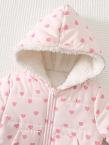 Cozy Pixies 女嬰冬季粉色愛心圖案保暖內裡加厚連帽連身棉襖外套，舒適百搭 - 粉色 - 查看 4