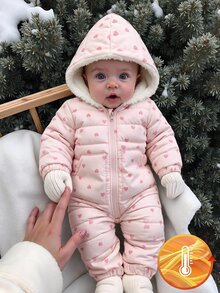 Cozy Pixies 女嬰冬季粉色愛心圖案保暖內裡加厚連帽連身棉襖外套，舒適百搭 - 粉色 - 查看 1