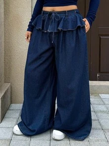 Rivivi 女款大尺碼荷葉邊寬腿褲，高腰垂墜顯瘦百搭休閒長褲 - 深色水洗藍 - 查看 8