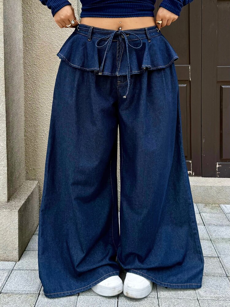Rivivi Celana Panjang Wanita Ukuran Plus dengan Detail Ruffle di Bagian Bawah dan Kaki Lebar, Celana Panjang Kasual Serbaguna dengan Pinggang Tinggi dan Model Draping yang Melangsingkan - Dark Wash - View 3