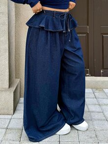 Rivivi 女款大尺碼荷葉邊寬腿褲，高腰垂墜顯瘦百搭休閒長褲 - 深色水洗藍 - 查看 5