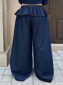 Rivivi 女款大尺碼荷葉邊寬腿褲，高腰垂墜顯瘦百搭休閒長褲 - 深色水洗藍 - 查看 2