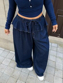 Rivivi 女款大尺碼荷葉邊寬腿褲，高腰垂墜顯瘦百搭休閒長褲 - 深色水洗藍 - 查看 4