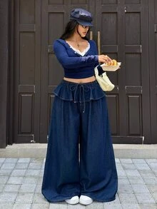 Rivivi 女款大尺碼荷葉邊寬腿褲，高腰垂墜顯瘦百搭休閒長褲 - 深色水洗藍 - 查看 7