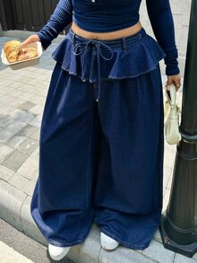Rivivi 女款大尺碼荷葉邊寬腿褲，高腰垂墜顯瘦百搭休閒長褲 - 深色水洗藍 - 查看 6