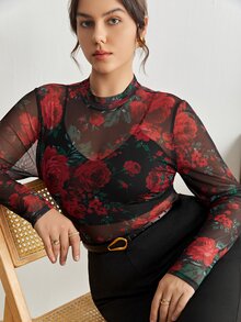 Maija 大尺碼女款玫瑰花卉透視上衣，黑紅配色，秋季優雅派對長袖修身襯衫，適用情人節、婚禮與職場穿搭 - 紅色 - 查看 6