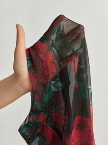 Maija 大尺碼女款玫瑰花卉透視上衣，黑紅配色，秋季優雅派對長袖修身襯衫，適用情人節、婚禮與職場穿搭 - 紅色 - 查看 11
