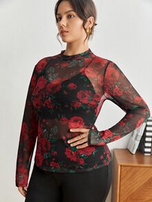 Maija 大尺碼女款玫瑰花卉透視上衣，黑紅配色，秋季優雅派對長袖修身襯衫，適用情人節、婚禮與職場穿搭 - 紅色 - 查看 5