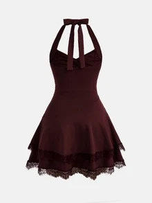SHEIN Pitira Teen Girl Teen Girls Dresses New Knit Burgundy Pleated Metallic Decor Backless Tie-Up Multi-Layer Ruffle Lace Hem Short Dress,Spring Festival, Christmas - Burgundy - View 2