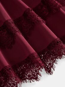SHEIN Pitira Teen Girl Teen Girls Dresses New Knit Burgundy Pleated Metallic Decor Backless Tie-Up Multi-Layer Ruffle Lace Hem Short Dress,Spring Festival, Christmas - Burgundy - View 7