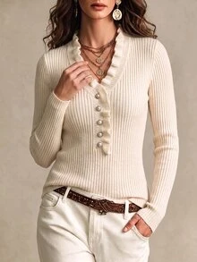 LUMIGAL Women's Elegant Casual Knitted Pullover Sweater, Cream White Long Sleeve V-Neck Ruffle Trim, Pearl Buttons Ribbed Texture, Autumn/Winter Brunch Office - Apricot - View 9