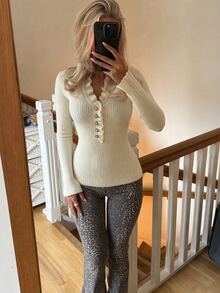 LUMIGAL Women's Elegant Casual Knitted Pullover Sweater, Cream White Long Sleeve V-Neck Ruffle Trim, Pearl Buttons Ribbed Texture, Autumn/Winter Brunch Office - Apricot - View 7