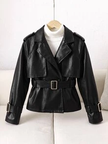 SHEIN Kids Tween Girls Loose Casual Waisted Elegant PU Leather Trench Coat, For Autumn/Winter - Black - View 10