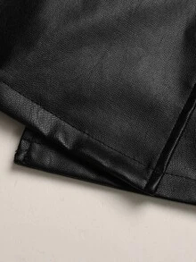 SHEIN Kids Tween Girls Loose Casual Waisted Elegant PU Leather Trench Coat, For Autumn/Winter - Black - View 9