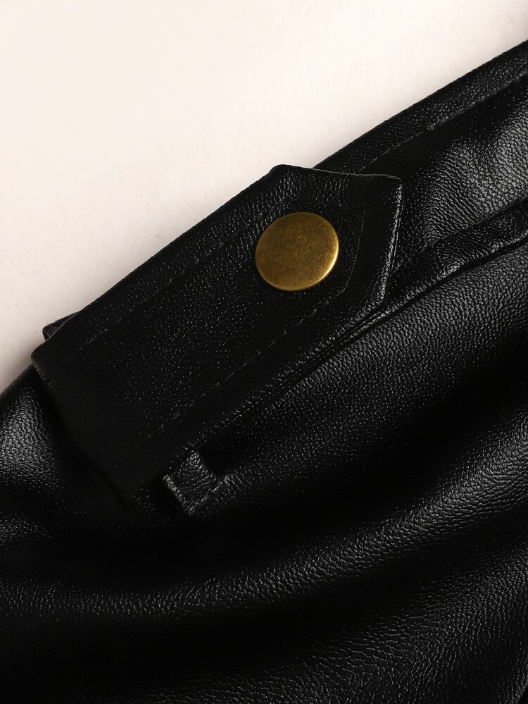SHEIN 兒童青少年女孩寬鬆休閒收腰優雅PU皮革風衣，適合秋冬穿著 - 黑色 - 查看 5