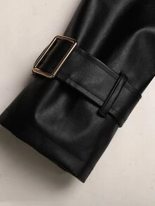SHEIN Kids Tween Girls Loose Casual Waisted Elegant PU Leather Trench Coat, For Autumn/Winter - Black - View 7