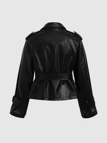 SHEIN Kids Tween Girls Loose Casual Waisted Elegant PU Leather Trench Coat, For Autumn/Winter - Black - View 3