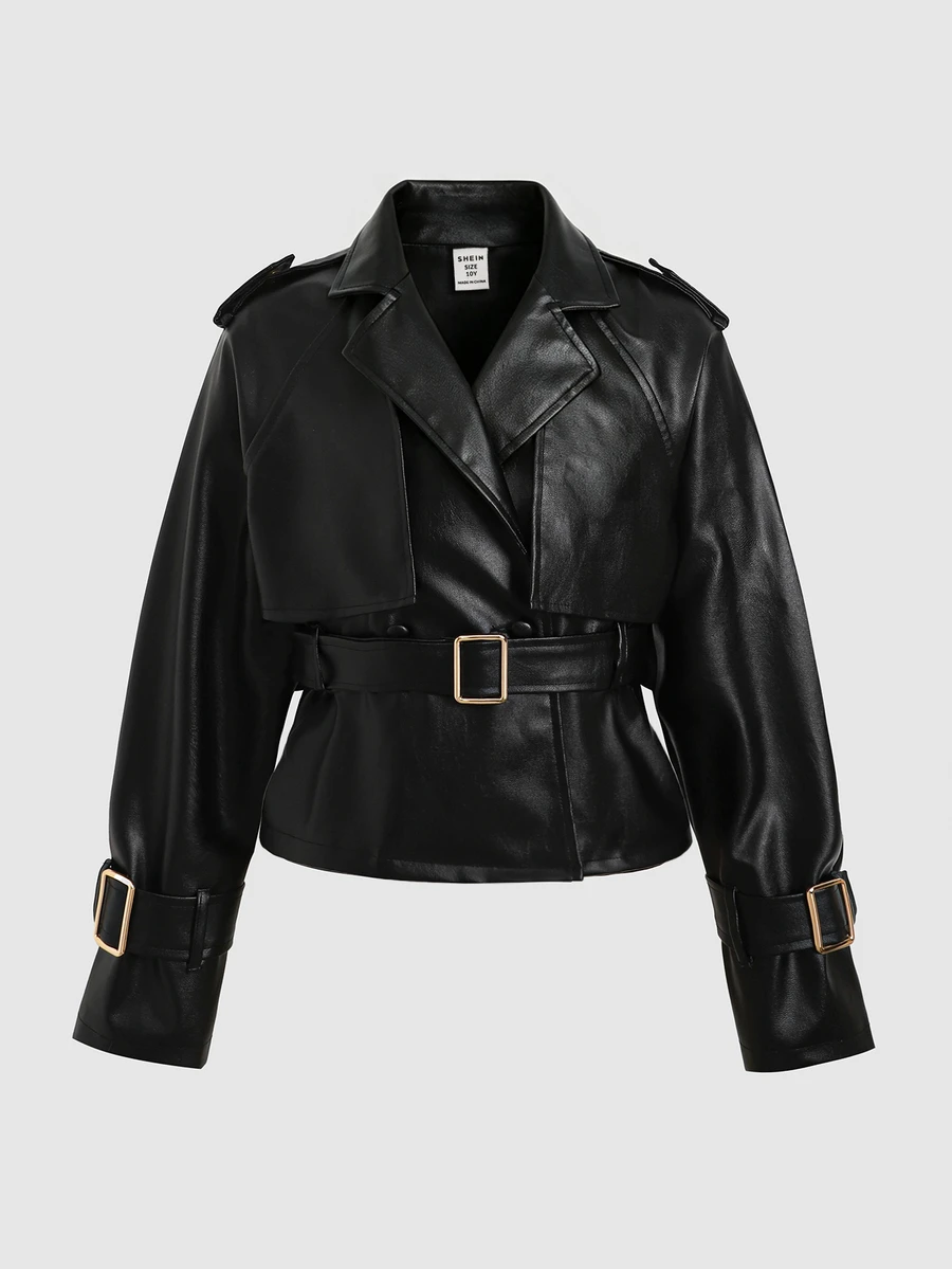 SHEIN Kids Tween Girls Loose Casual Waisted Elegant PU Leather Trench Coat, For Autumn/Winter - Black - View 1