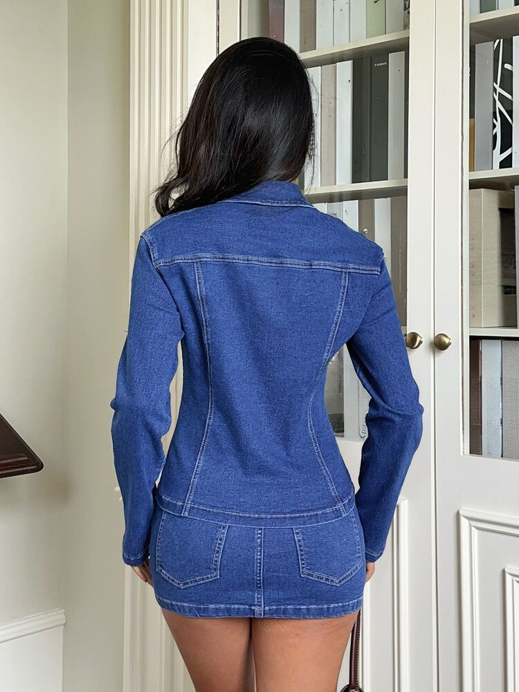 Rivivi Women Flap Pocket Slim Fit Denim Jacket & Skirt Set - Blue - View 2