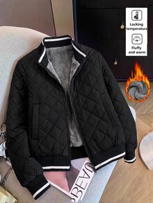 SHEIN Clasi Mantel Berbantalan Lengan Panjang dengan Lapisan Termal dan Kantong Hangat - Hitam - View 1
