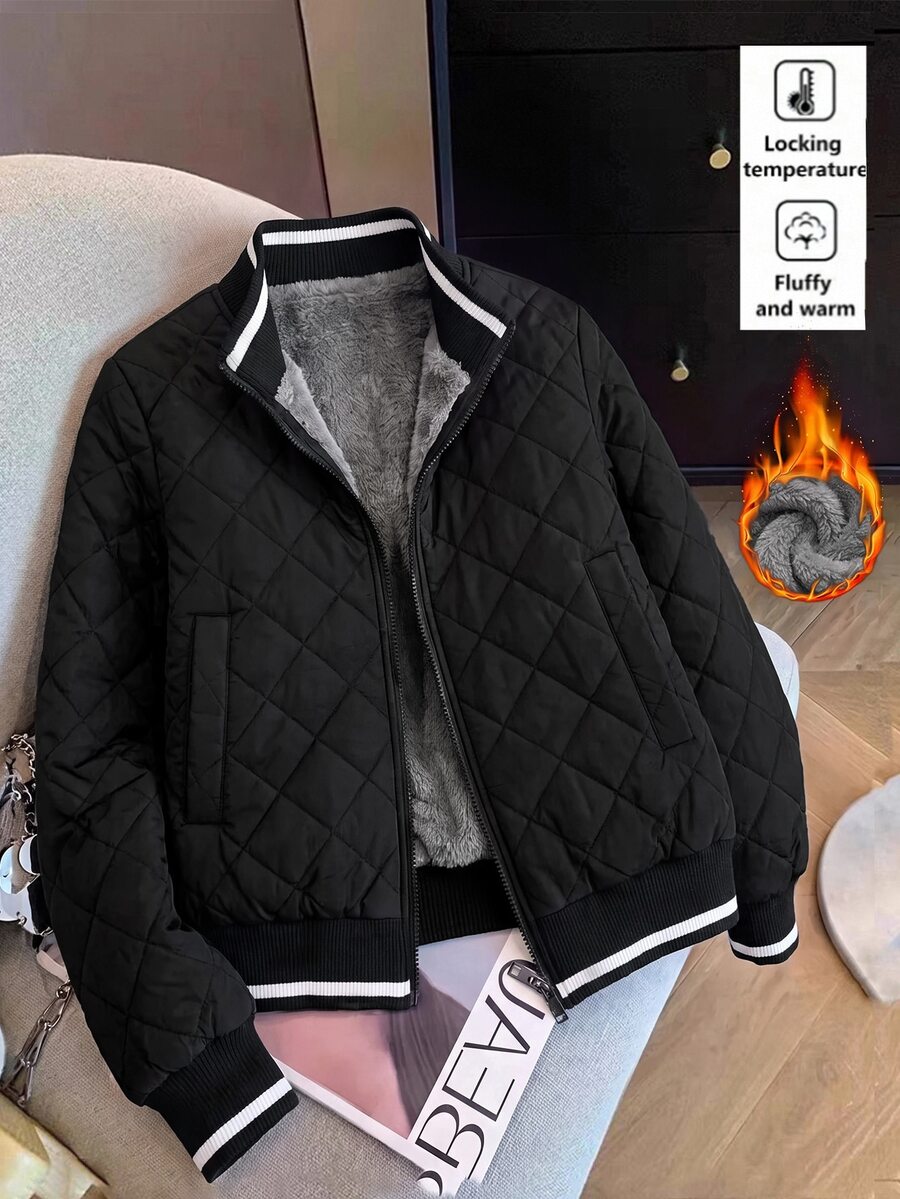 SHEIN Clasi Mantel Berbantalan Lengan Panjang dengan Lapisan Termal dan Kantong Hangat - Hitam - View 1