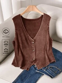 CosyJoli Plus Size Women Summer Casual Vacation Daily Commute Washed Ribbed Knit Button Decor V-Neck Camisole - Coffee Brown - View 1