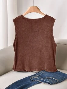 CosyJoli Plus Size Women Summer Casual Vacation Daily Commute Washed Ribbed Knit Button Decor V-Neck Camisole - Coffee Brown - View 2
