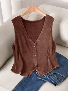 CosyJoli Plus Size Women Summer Casual Vacation Daily Commute Washed Ribbed Knit Button Decor V-Neck Camisole - Coffee Brown - View 8